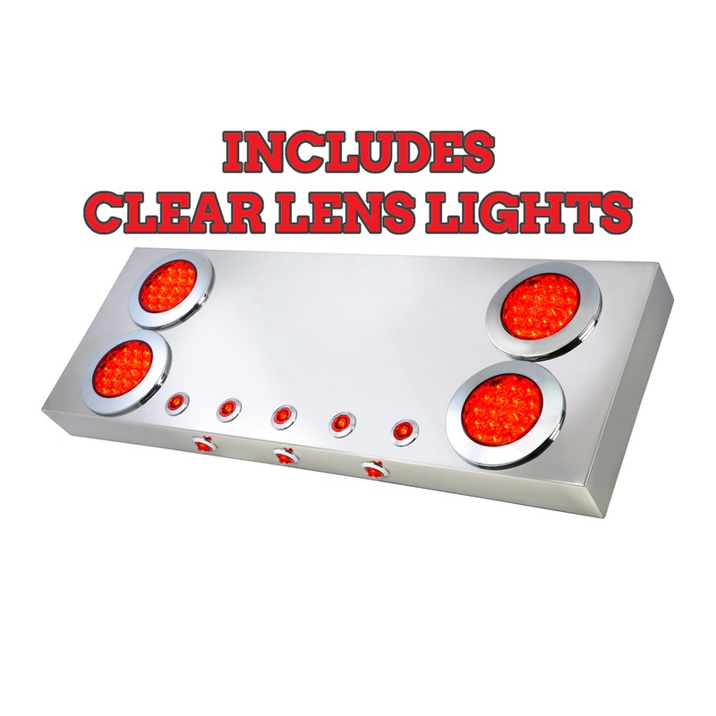 Stainless steel rear center panel w/all CLEAR LENS Fleet 4 round red LED lights and mini-button LED lights w/under glow effect and backing plate