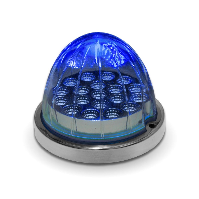 Dual Revolution Amber/Blue 19 diode watermelon-style LED turn signal/auxiliary light w/reflector cup and lock ring – CLEAR lens