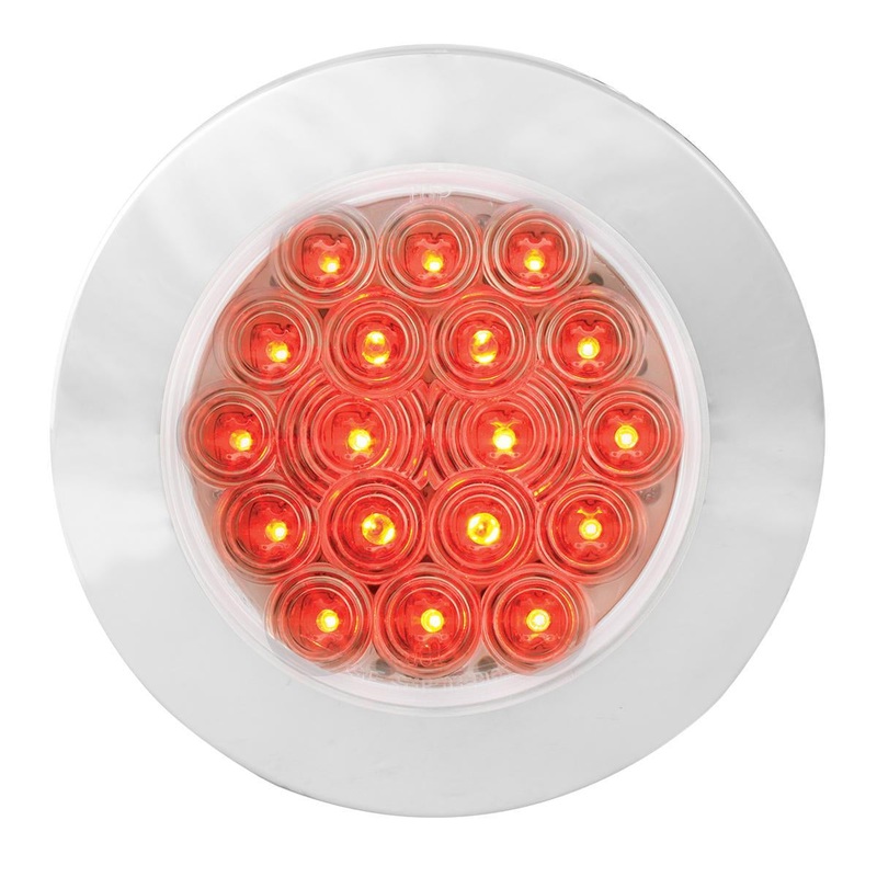 Fleet Red 4 round 18 diode LED surface mount stop/turn/tail light w/Twist N Lock chrome bezel, 3 wires (no plug) – CLEAR lens