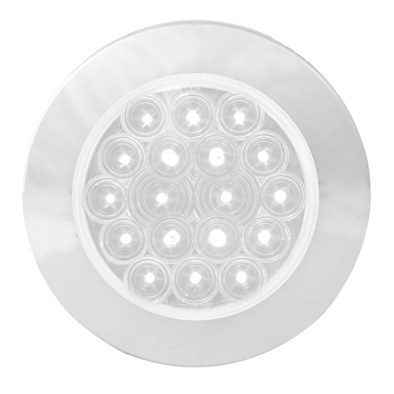 Fleet White 4 round 18 diode LED surface mount backup/reverse light w/Twist N Lock chrome bezel, plain wires (no plug)