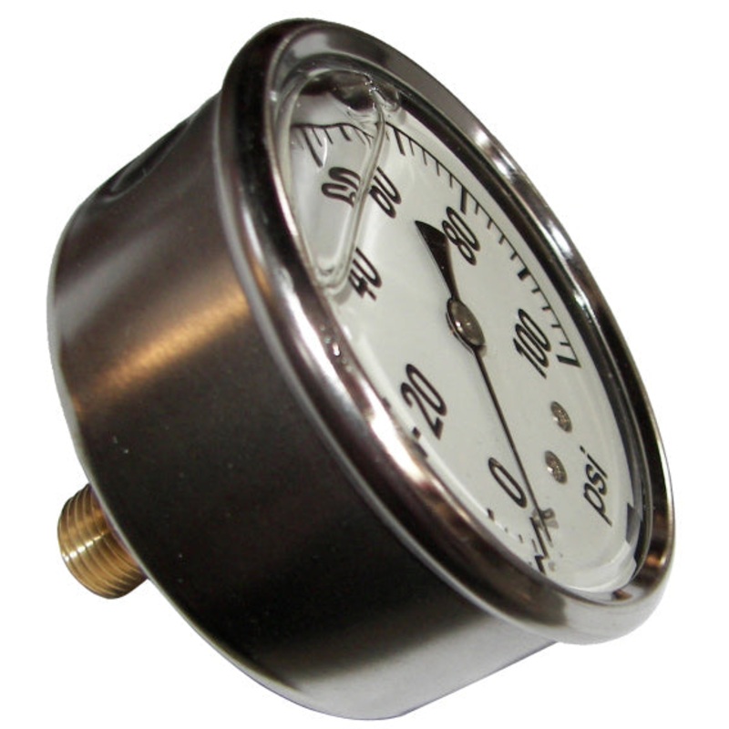 100 PSI LIQUID FILLED  / STAINLESS GAUGE – BACK MOUNT 2-1/2 DIAMETER