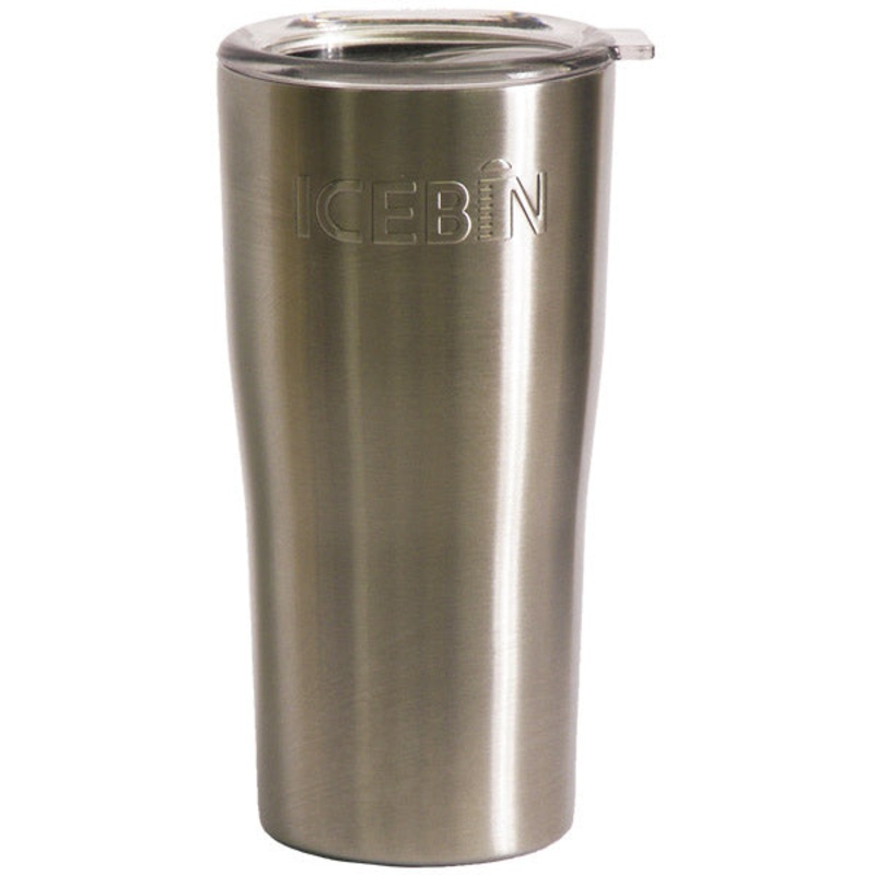 ICEBIN 18 OUNCE HIGH-PERFORMANCE TUMBLER. MADE OF STAINLESS STEEL WITH A CLEAR PLASTIC LID