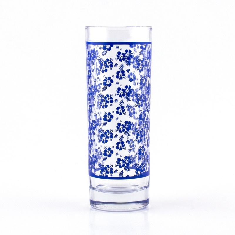 BarConic Blue Hibiscus Pattern Highball Glass  – 9.5 oz