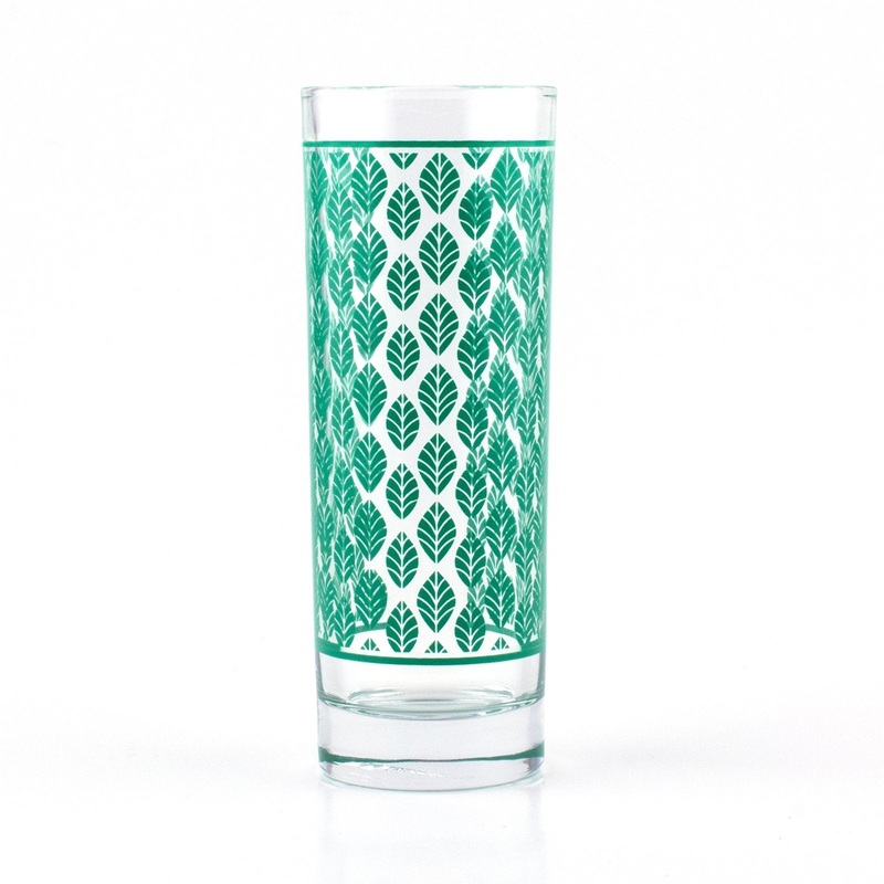 BarConic Dark Green Retro Leaves Pattern Highball Glass  – 9.5 oz