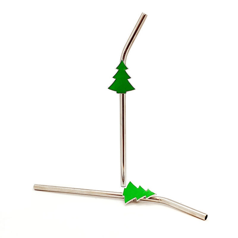 Christmas Tree Pendant Straws w/ Brush – Stainless Steel – Set of 2