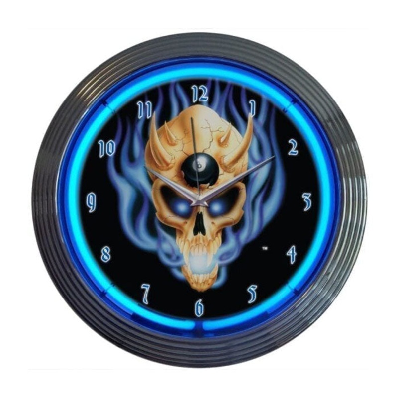 Eight Ball Skull Neon Clock – 15 Diameter