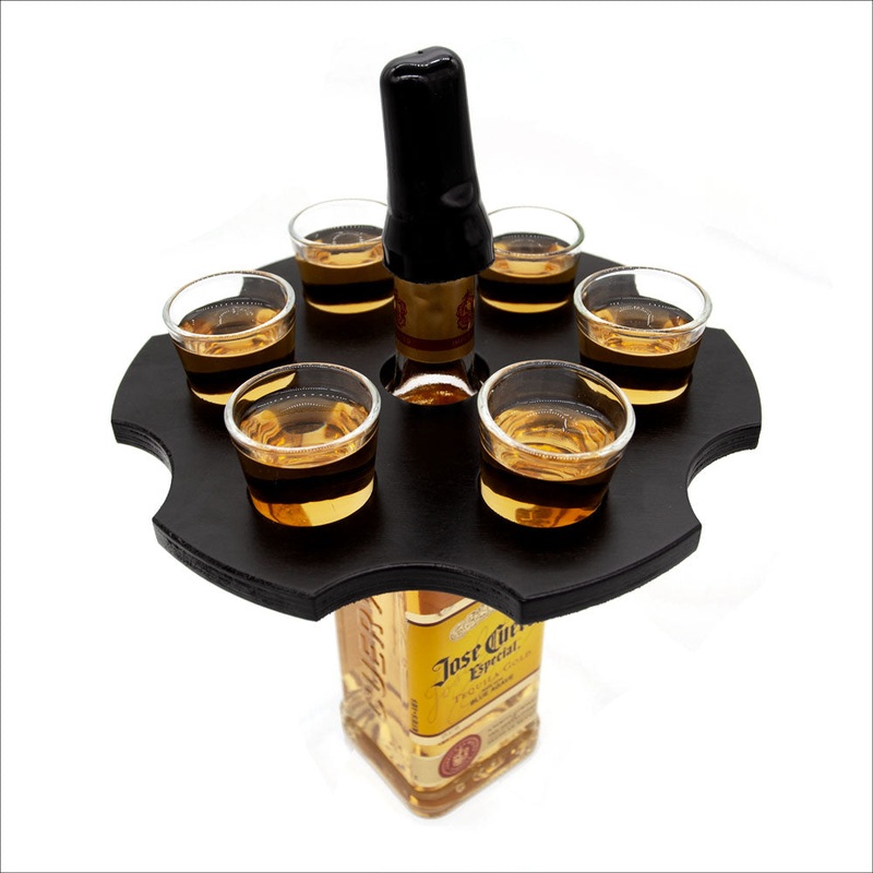 6-Shooter Wood Shot Glass Serving Tray and Bottle Topper – Black or Stained