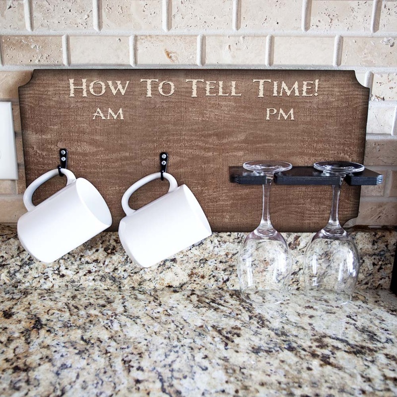 How To Tell Time Coffee Mug and Wine Glass Holder – Rustic Background (Hardware Included)