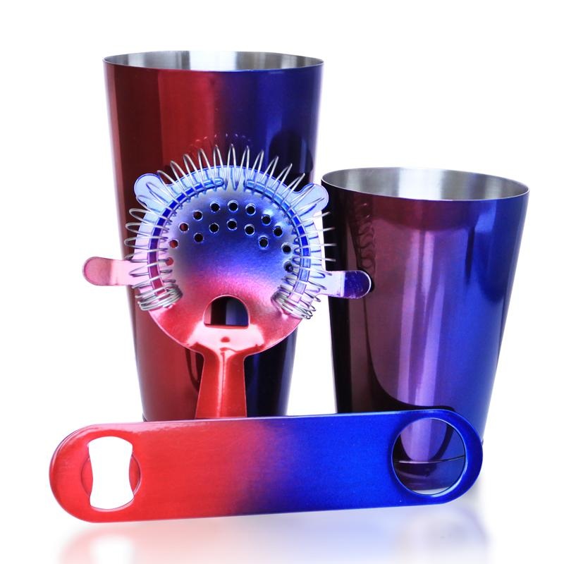 Bar Set with 18oz Shaker Tin and Speed Opener  4 Piece Color Fusion