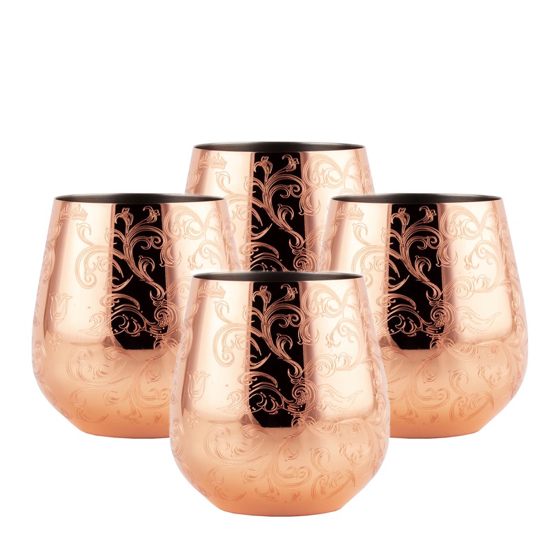 Stemless Wine Glass – Copper Etched – Set of 4 – 20 ounce