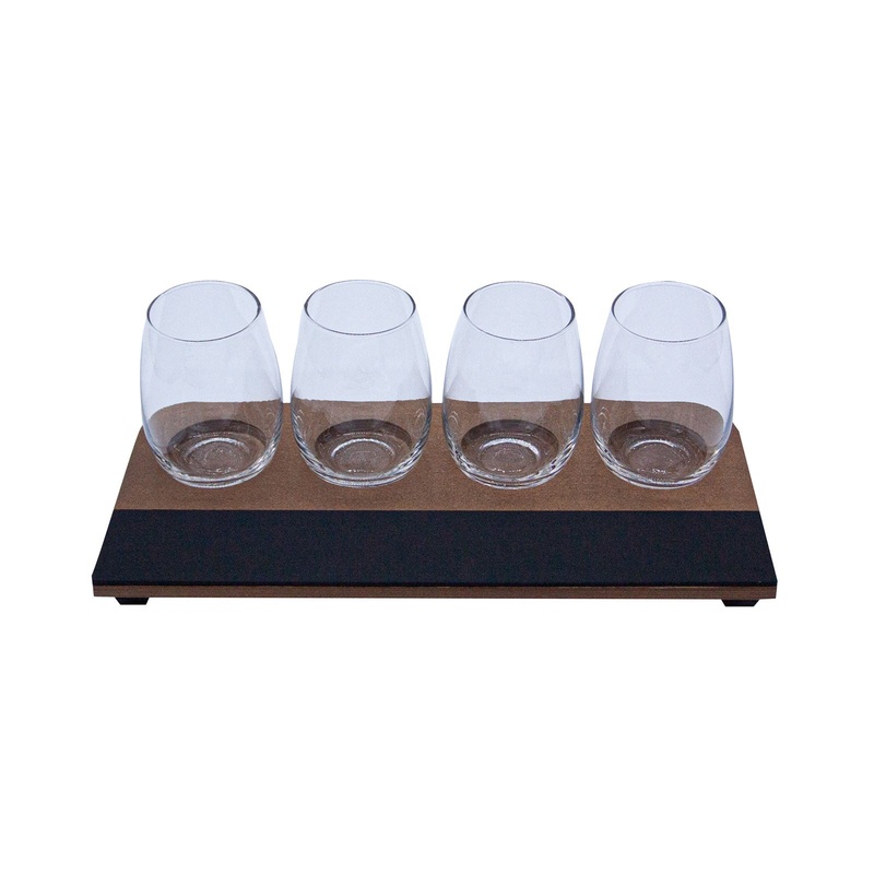 Wine Flight with Walnut Finish and Chalk Strip – Includes 12oz. Stemless Wine Glasses