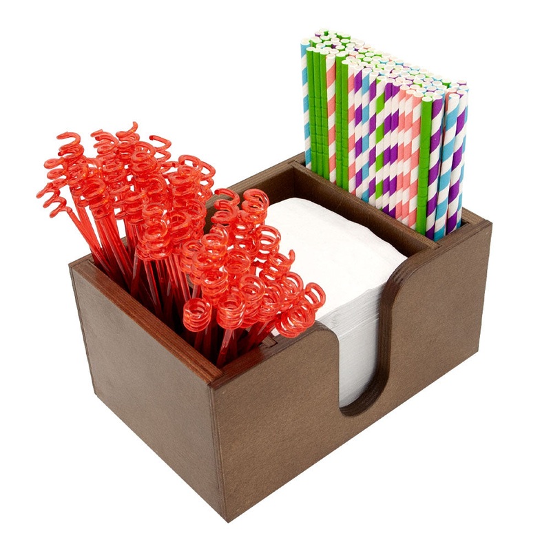 Wood Bar Caddy for Napkins, Straws, & Stirrers – Stained