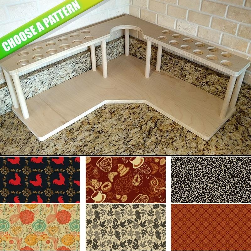 CHOOSE YOUR PATTERN – Counter Caddies – Corner Unit w/ K-Cup Holes and Trash Can Inset