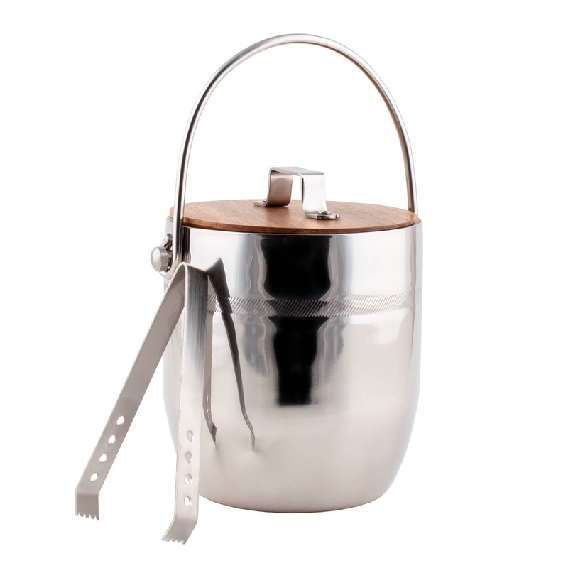 BarConic Double wall Ice Bucket w/  Wooden Lid and Tong