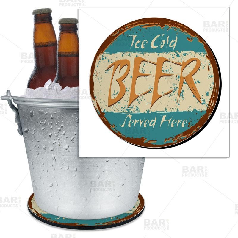 Retro Ice Cold Beer Served Here Beer Bucket Coaster – 8.75 Diameter (Reuseable)