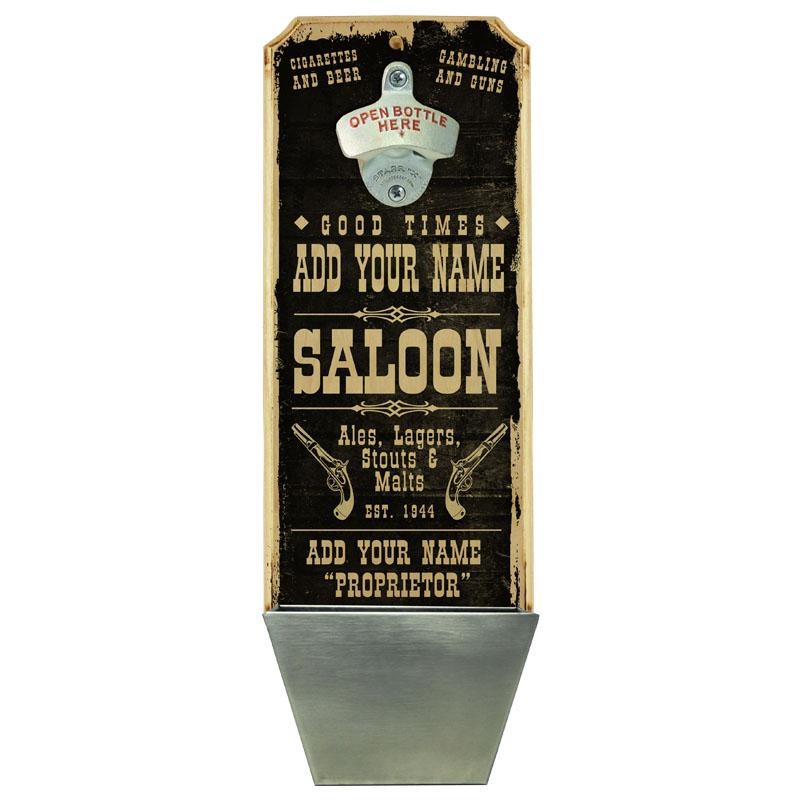Add Your Name – Wall Mounted Wood Plaque Bottle Opener & Cap Catcher – Vintage Saloon