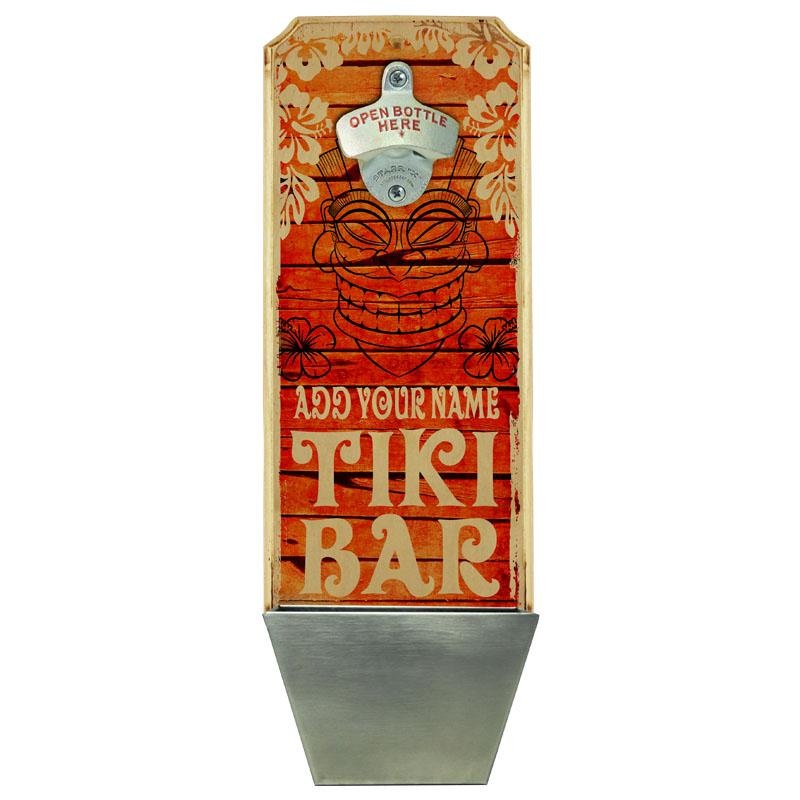 Add Your Name – Wall Mounted Wood Plaque Bottle Opener & Cap Catcher – Vintage Tiki Bar
