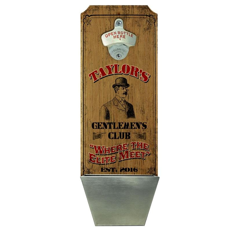 Gentlemen’s Club Wall Mounted Wood Plaque Bottle Opener & Cap Catcher – CUSTOMIZABLE