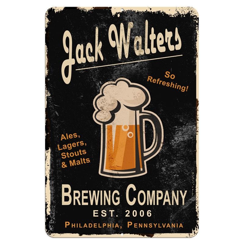 Vintage Metal Bar Sign – 12 x 18 – CUSTOMIZABLE Brewing Company (Black)