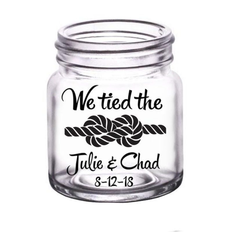 CUSTOMIZABLE Clear Mini Mason Jar Shot Glass – Tied The Knot – 2oz