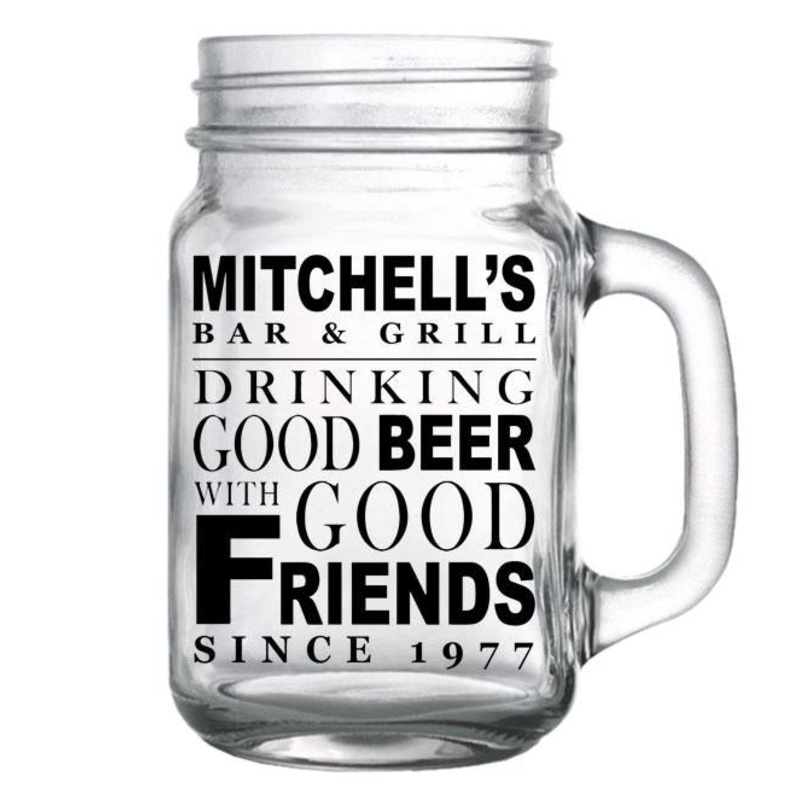 CUSTOMIZABLE Mason Jar with Handle – Good Beer, Good Friends – 16oz