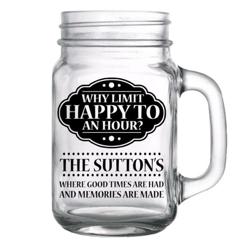 CUSTOMIZABLE Mason Jar with Handle – Happy Hour – 16oz