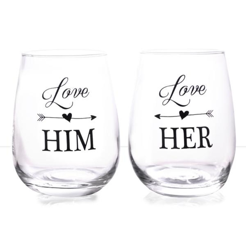 Love Him, Love Her Stemless Wine Glass Set