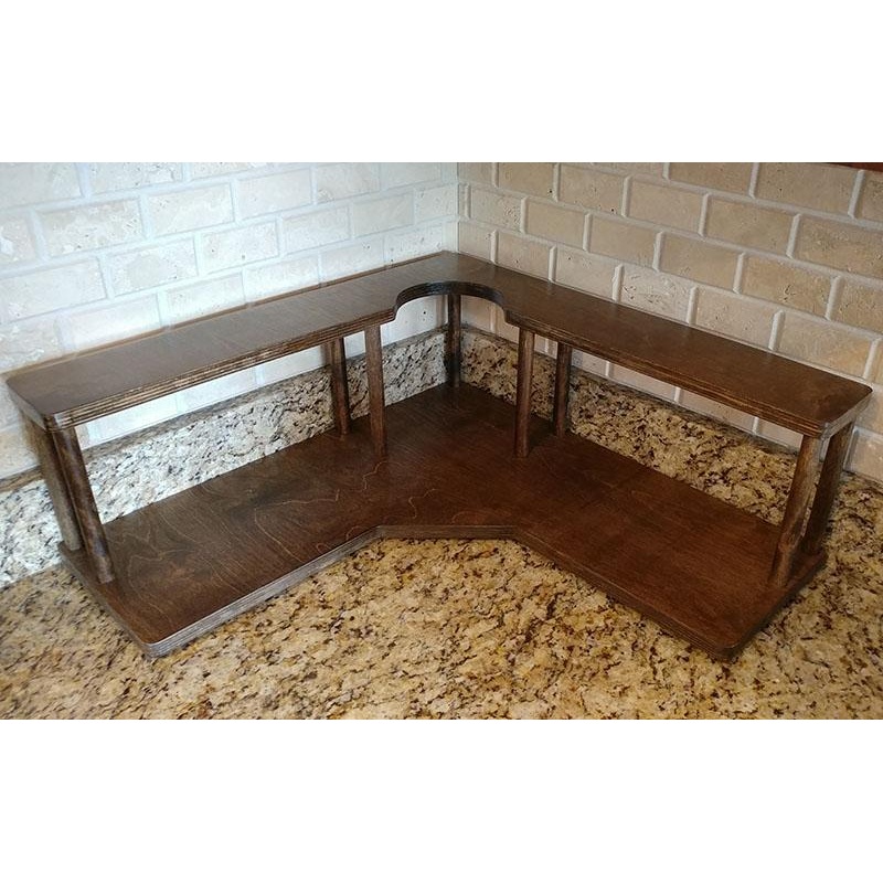 Counter Caddies – Stained Finish – CORNER Shelf w/ Trash Can Inset