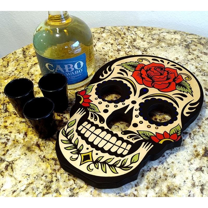 Shot Glass and Bottle Caddy – Sugar Skull Rose