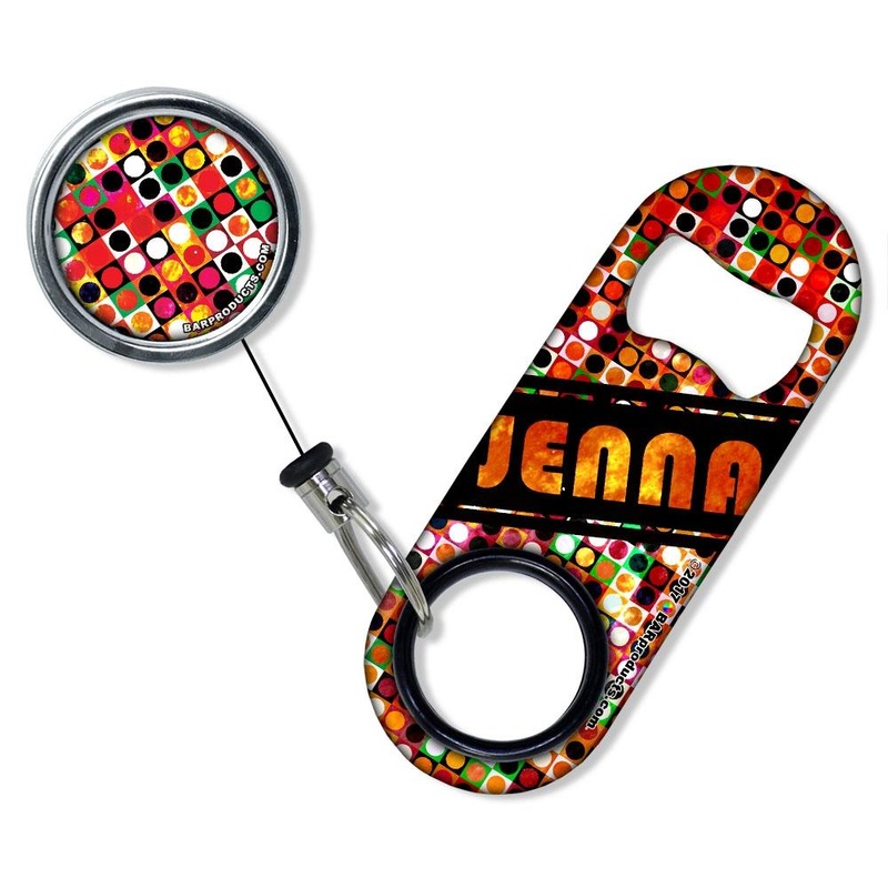 Add Your Name – Mini Bottle Opener with Retractable Reel – Grungy Retro Dots