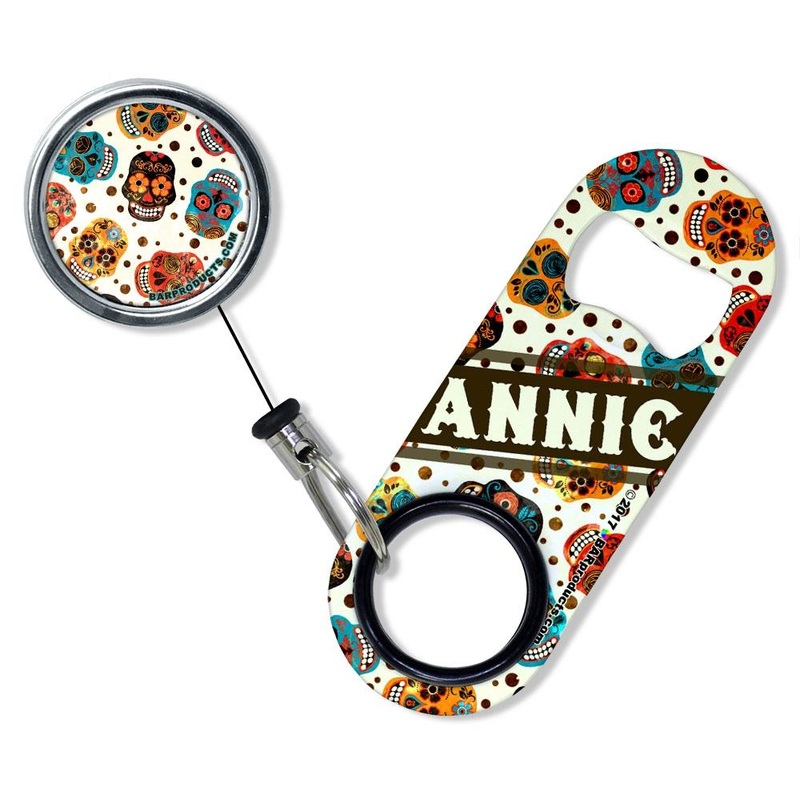 Add Your Name – Mini Bottle Opener with Retractable Reel – Mexican Skulls