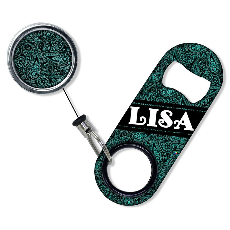 Add Your Name – Mini Bottle Opener with Retractable Reel – Teal Paisley