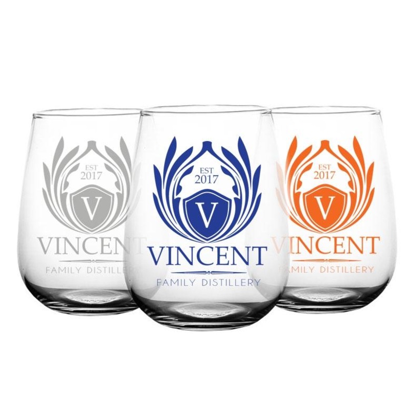 CUSTOMIZABLE Stemless Wine Glass – Crest Design 1 – 17 ounce