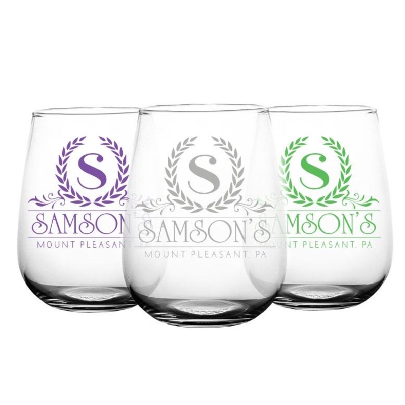 CUSTOMIZABLE Stemless Wine Glass – Crest Design 2 – 17 ounce