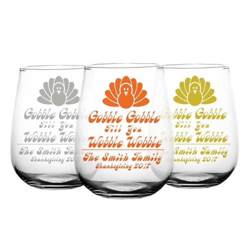 CUSTOMIZABLE Stemless Wine Glass – Gobble Gobble – 17 ounce