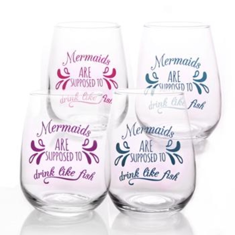 Mermaid Stemless Wine Glasses|Pink|Green|Blue|Purple|Set of All 4