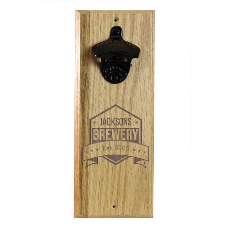 Wooden Wall Bottle Opener w/ Magnetic Cap Catcher – Engraved Brewery