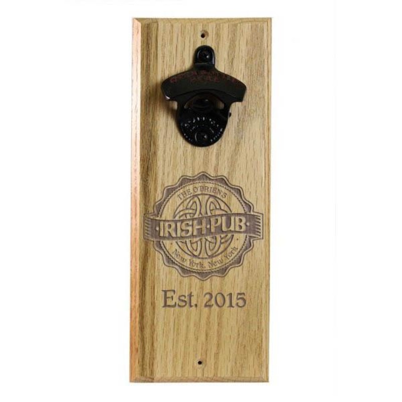 Wooden Wall Bottle Opener w/ Magnetic Cap Catcher – Engraved Irish Pub