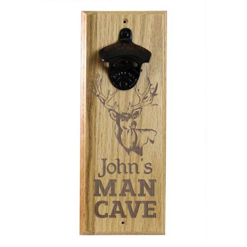 Wooden Wall Bottle Opener w/ Magnetic Cap Catcher – Engraved Man Cave