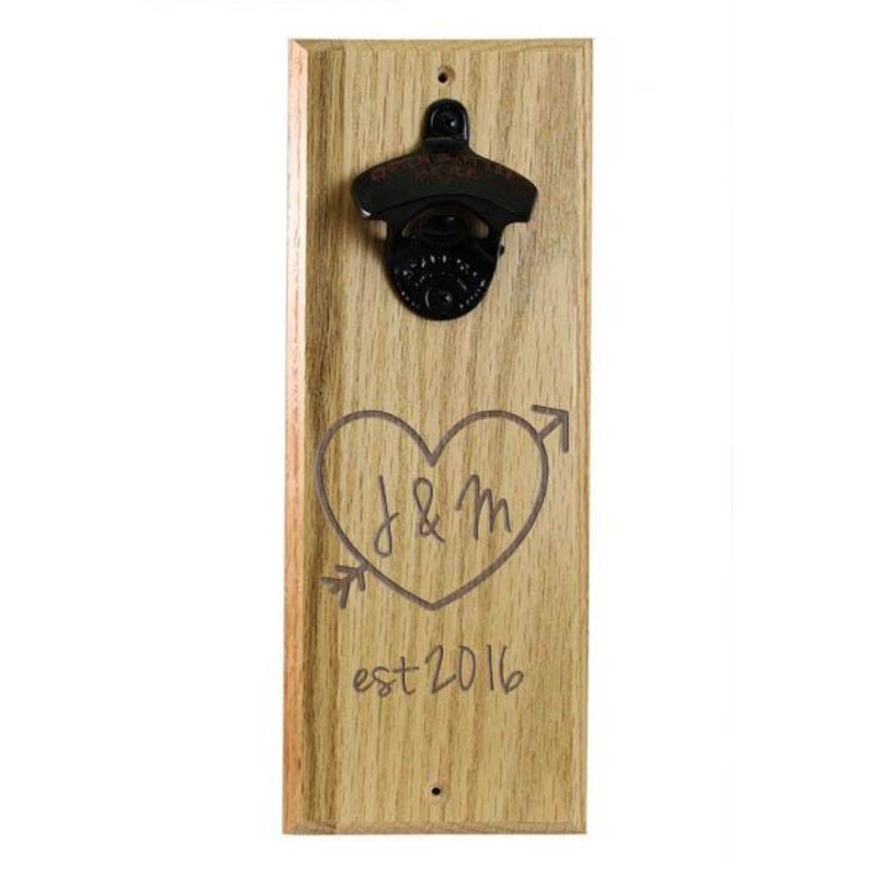 Wooden Wall Bottle Opener w/ Magnetic Cap Catcher – Engraved Tree Heart