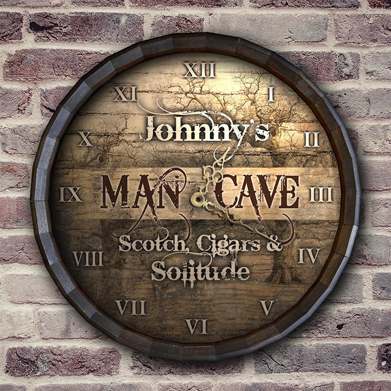 Custom Barrel Top Man Cave, Scotch, Cigars, Solitude Wall Clock