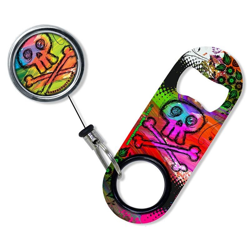 Kolorcoat Mini Bottle Opener with Retractable Reel – Colorful Skull and Crossbones