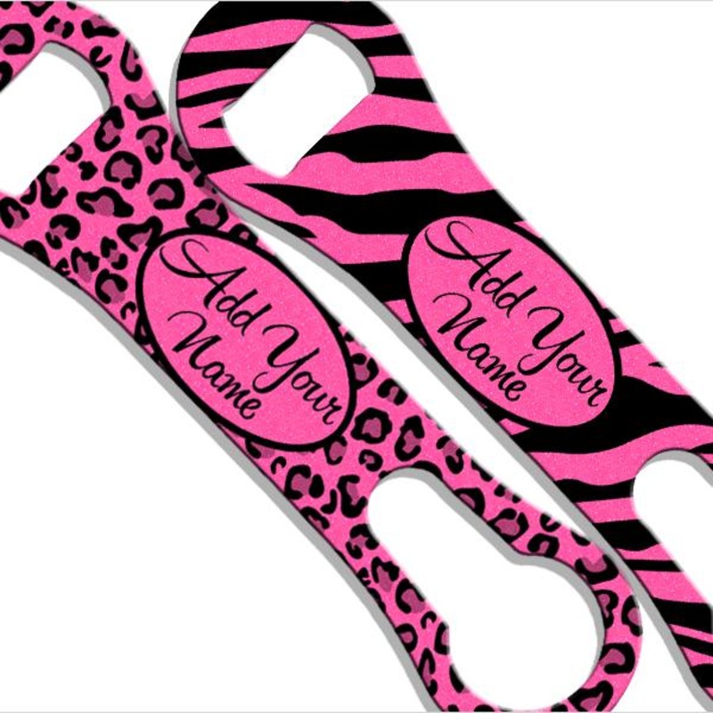 Pink Glitter Zebra/Leopard V-Rod Bottle Opener – ADD YOUR NAME