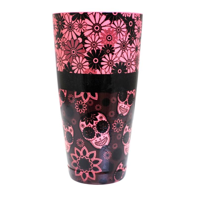 Printed Cocktail Shaker Tin – NEON Pink Glitter Floral Skulls – 28 ounce Weighted