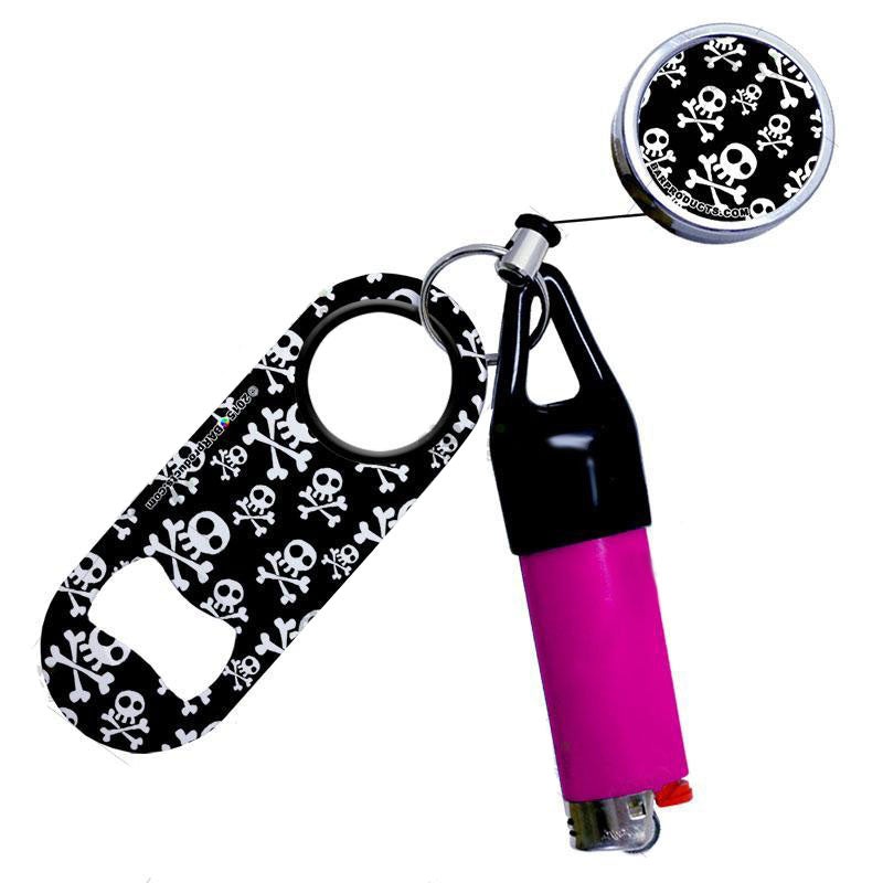 Retractable Reel, Mini Bottle Opener and Lighter Leash Clug SET – Cute Skulls