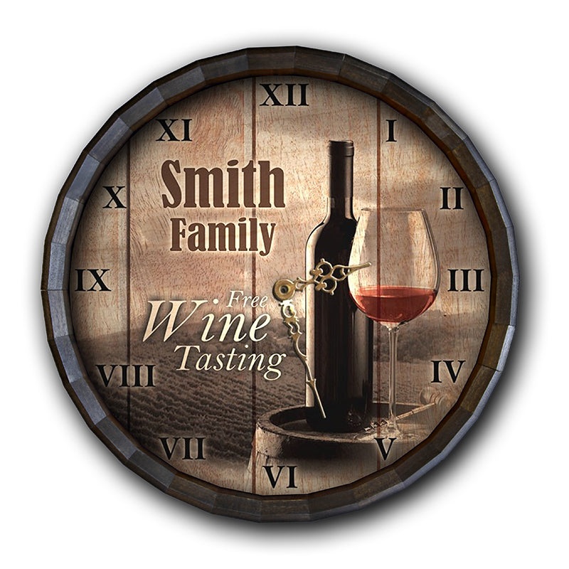 Whiskey Wood Barrel Top Clock  Free Wine Tasting