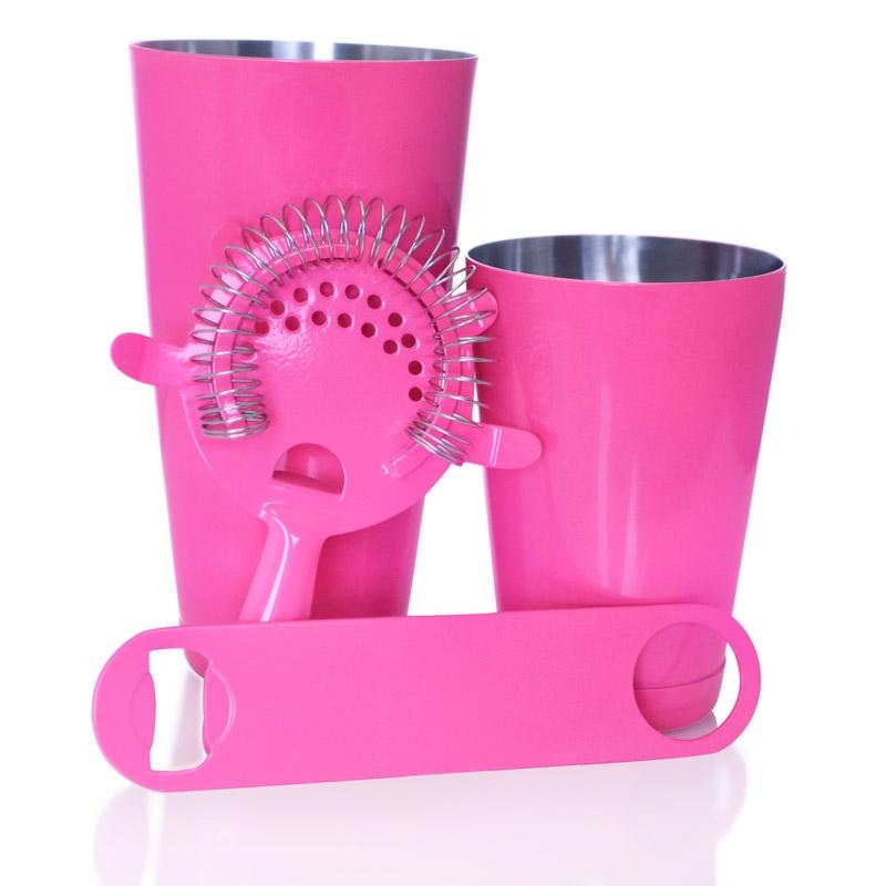 Bar Set with 18oz Shaker Tin and Speed Opener – 4 Piece Neon Pink