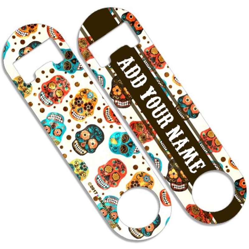 Add Your Name – Skinny Mini Bottle Opener – Cute Mexican Skulls