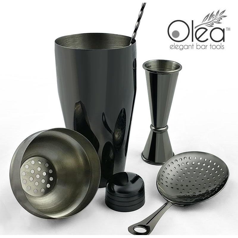 Olea 4 Piece Bar Set – Gunmetal Black with Bar Spoon Tip Option