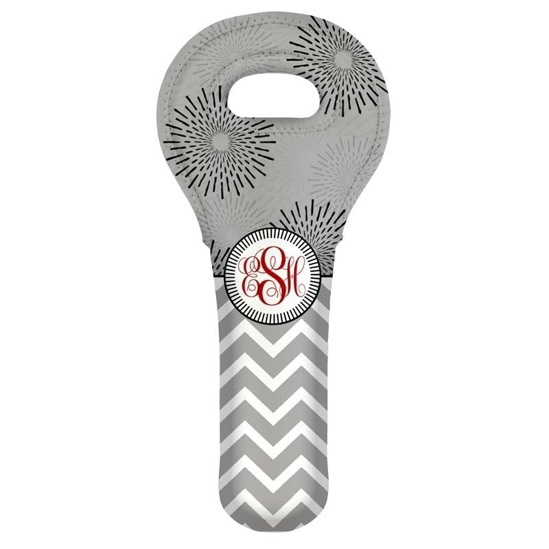 Wine Tote – Monogram Design – Gray Sunburst // Chevron – CUSTOMIZABLE